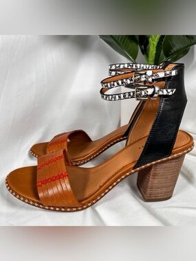 Pre-owned COACH Indie Boho Paige Snakeskin Colorblock Chunky Heel Salndal US 6.5